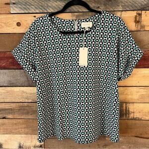 Melloday Green‎ and Black Geo Print Top Medium